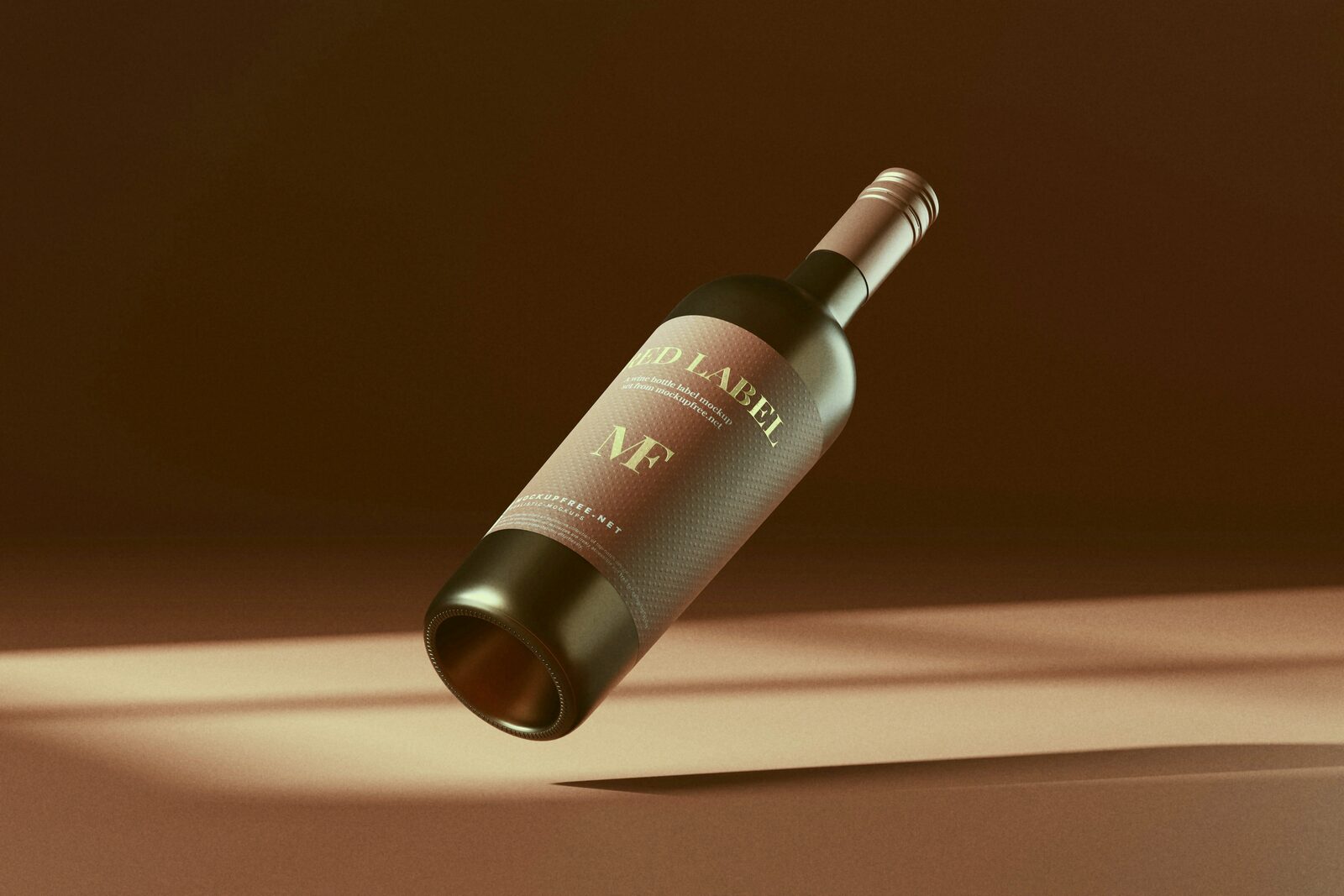 A wine bottle with a plain label mockup tilted against a warm red background.